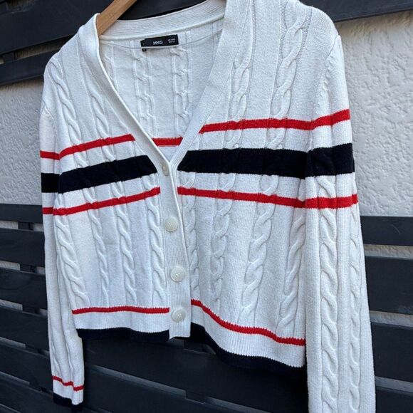 Mango MNG Striped Plait-Knitted Cardigan in Ecru | Size Small - Picture 4 of 7